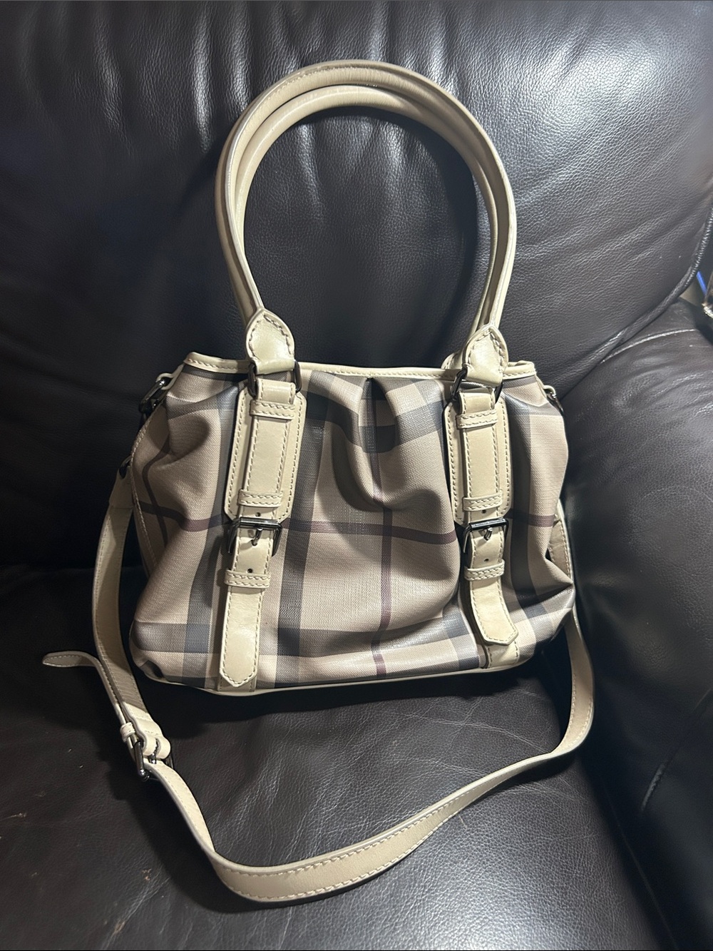 Burberry Beige Plaid Leather-Trim Crossbody Satchel